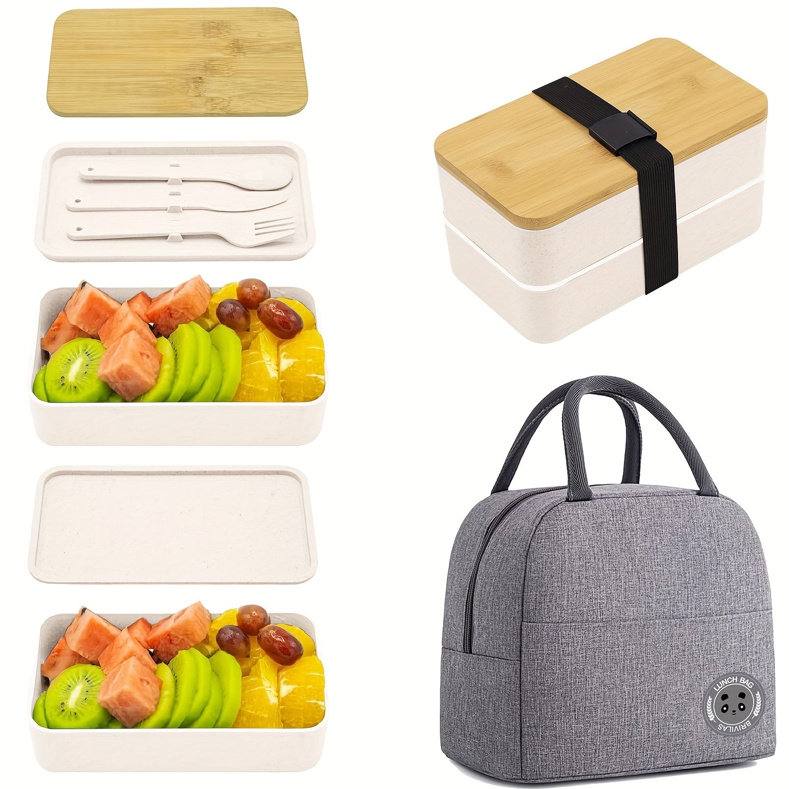 Insulated Bento Lunch Box Set with Leakproof Containers, Bamboo Lids, Dividers