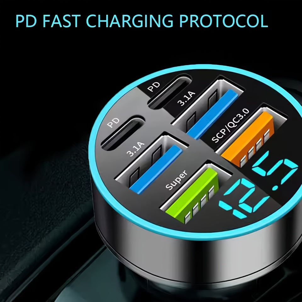 Car USB C Charger 250W, 6 Ports, Fast Charging, Digital Display