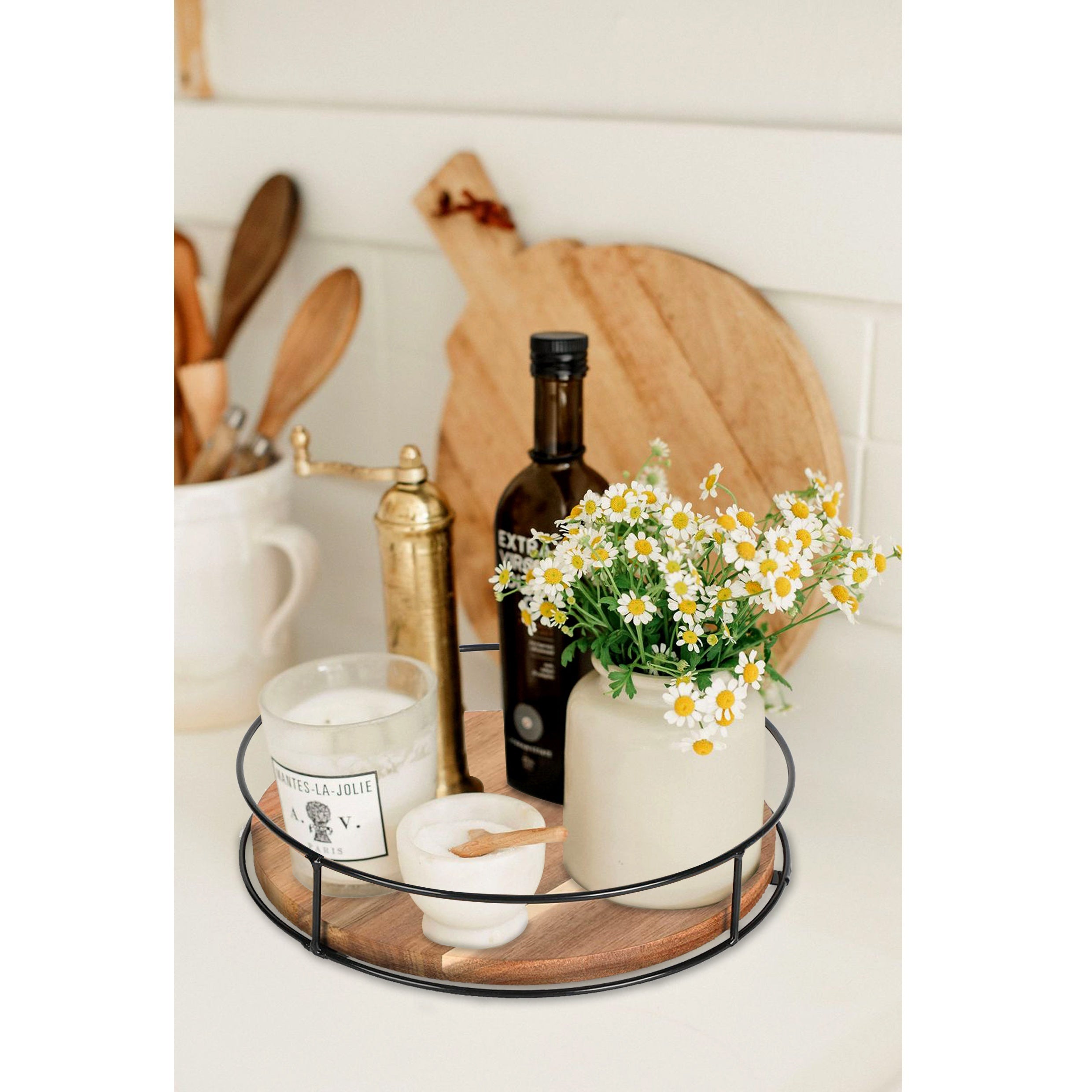 Wooden Makeup Organizer with Steel Handrails Rotating 360° Desktop Storage