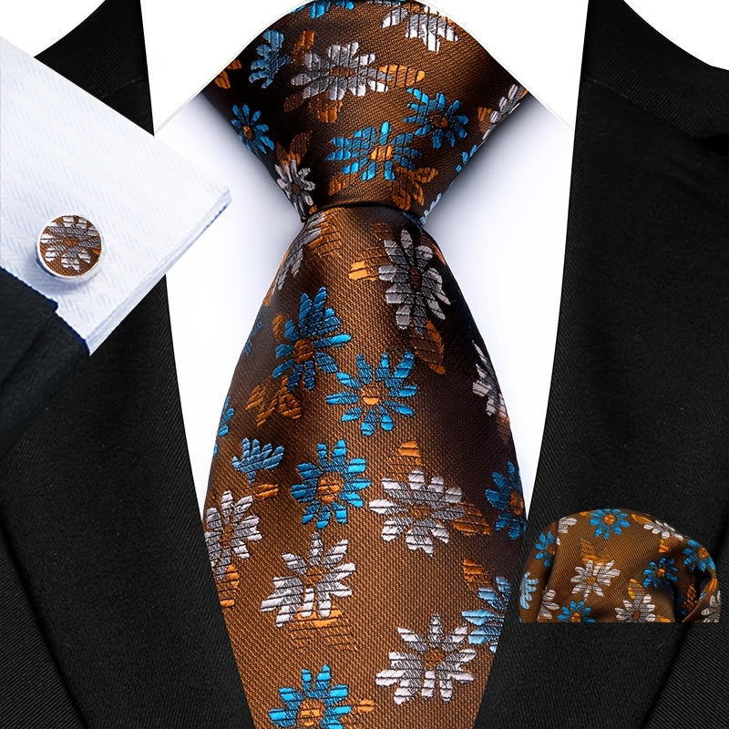 Men's Plaid Paisley Flower Tie Set with Cufflinks and Handkerchief Pack of 3