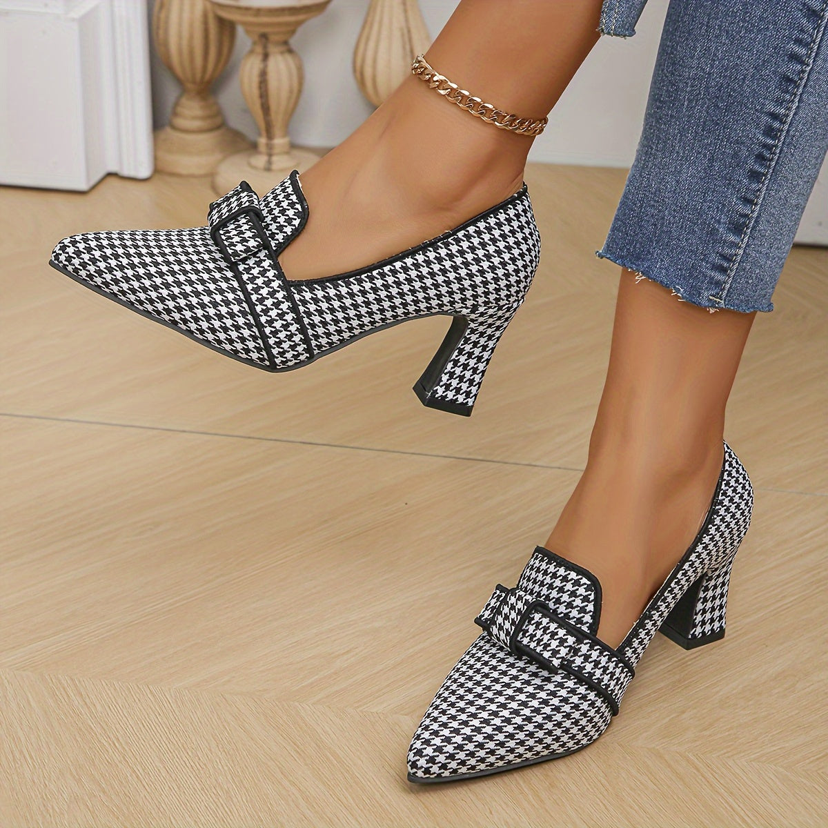 Women's Houndstooth Pumps with Bow Pointed Toe Block Heels Office Shoes