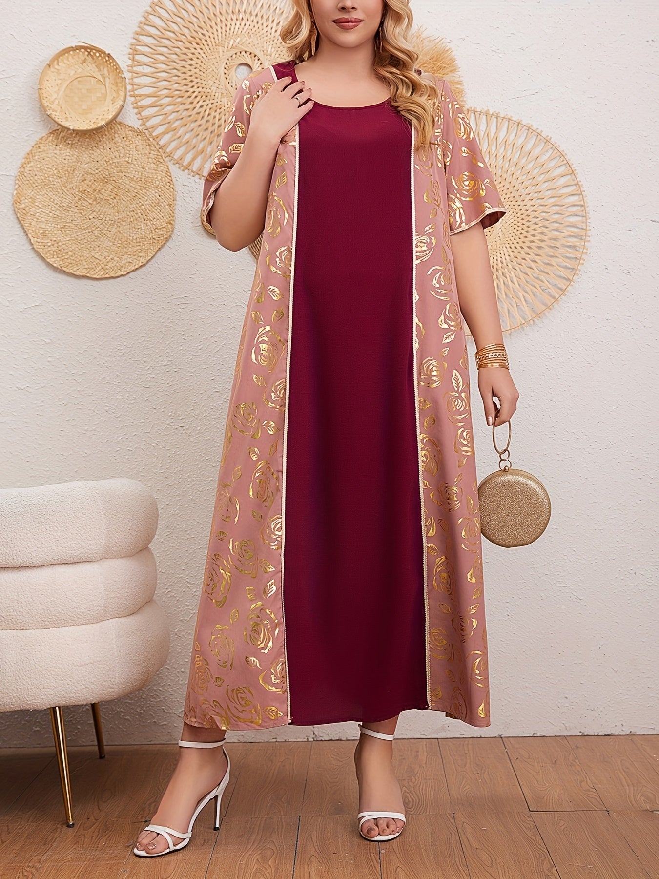 Plus Size Floral Pattern Kaftan Dress Short Sleeve Women Stylish Cover-Up