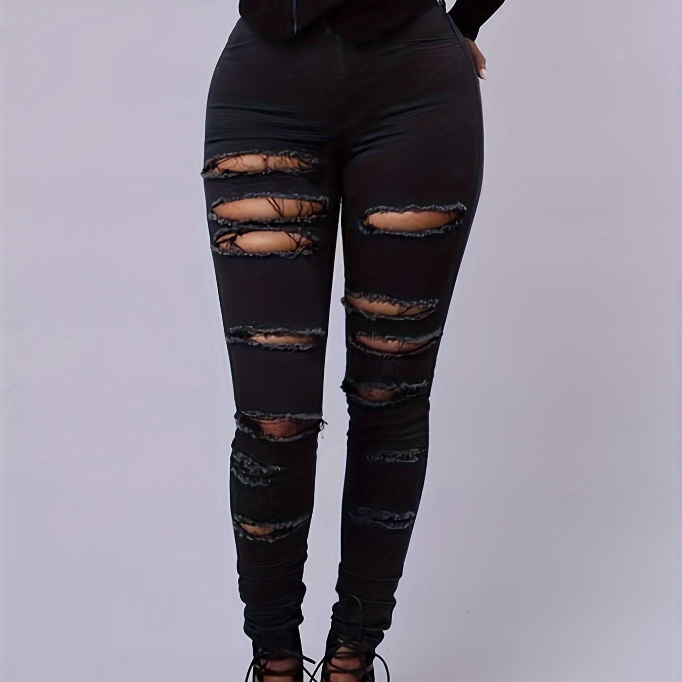 Women's Plus-Size Ripped Skinny Jeans Denim Spandex Street Style Long Length
