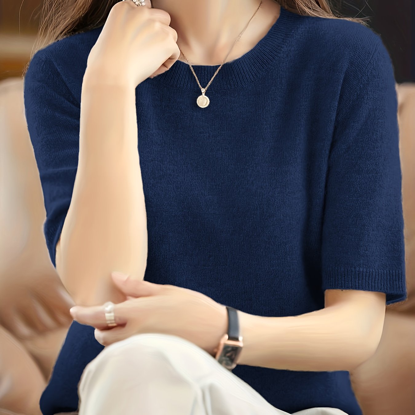 Suéter de manga corta de color sólido para mujer con cuello redondo para primavera y otoño