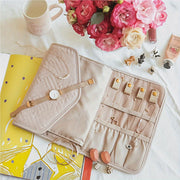 Polyester Jewelry Organizer Bag with Necklace Clips Earring Grid Ring Rolls and Zipper Pouches