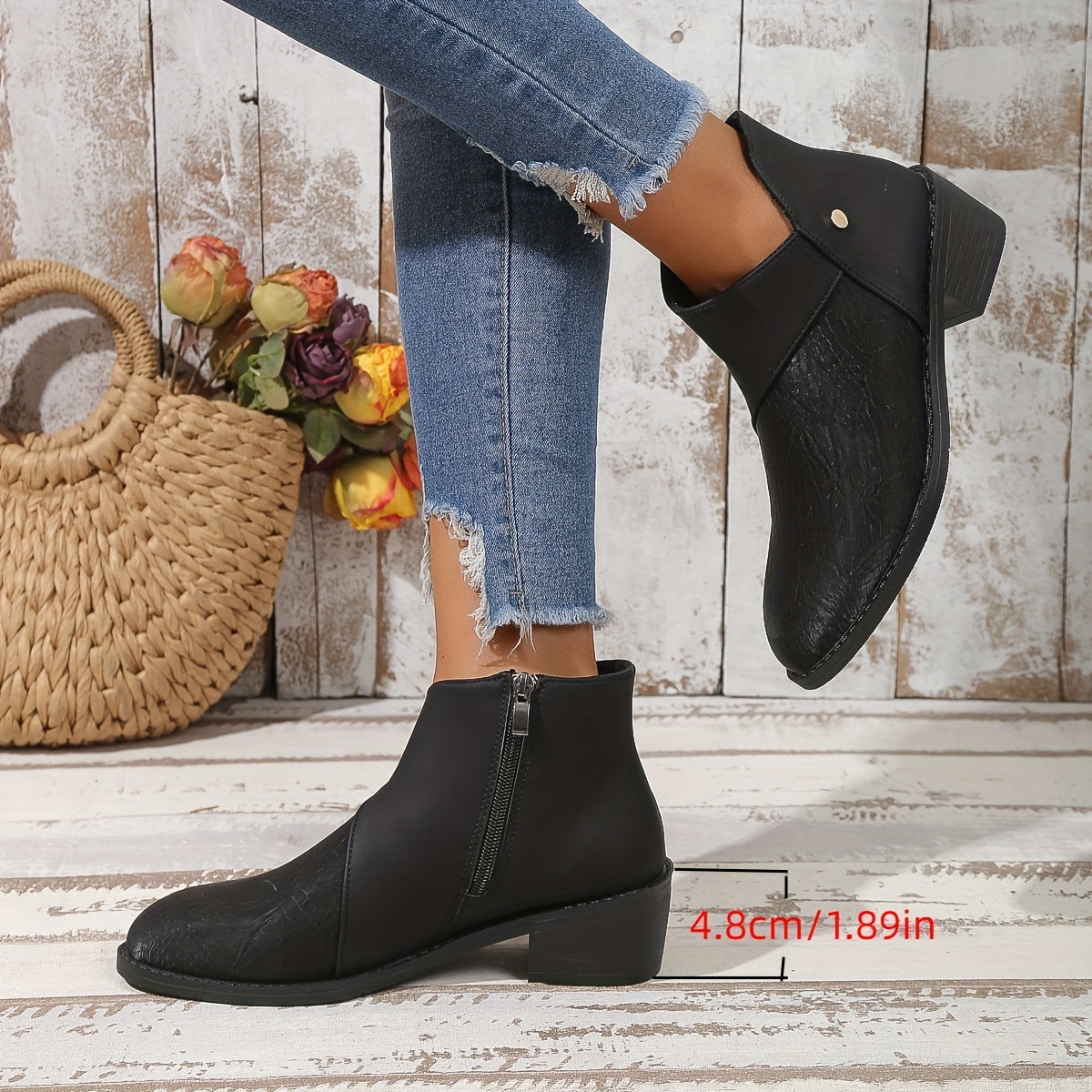 Women’s Western Ankle Boots Faux Leather Round Toe Mid-Heel Cowgirl Shoes