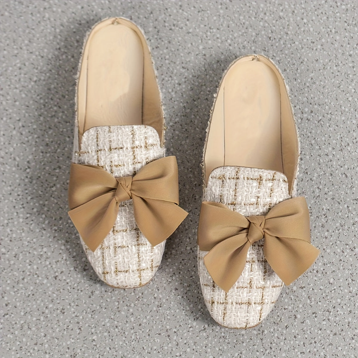 Women's Flat Sandals Bow Detail Grid Pattern Fabric Closed Toe Casual Shoes
