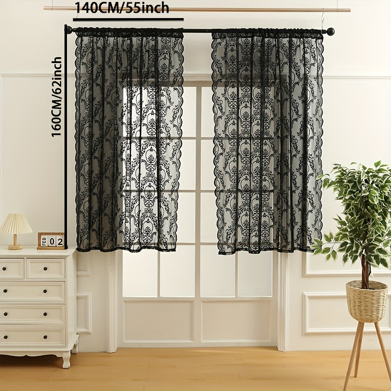 Black Lace Curtain for Bedroom Living Room Kitchen Office with Rod Pocket