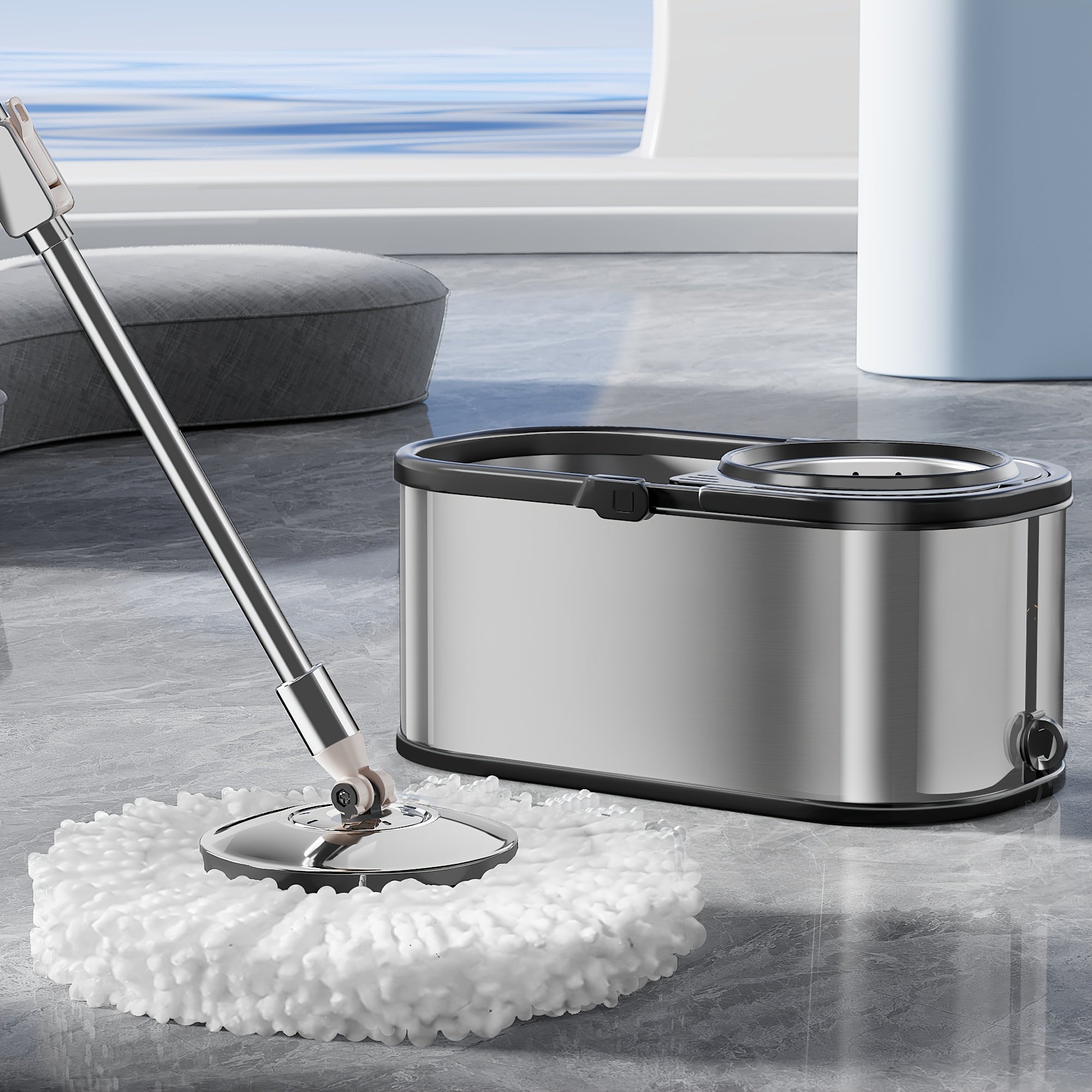 Stainless Steel Spin Mop and Bucket Set with 2 Replacement Heads and Carrying Handle