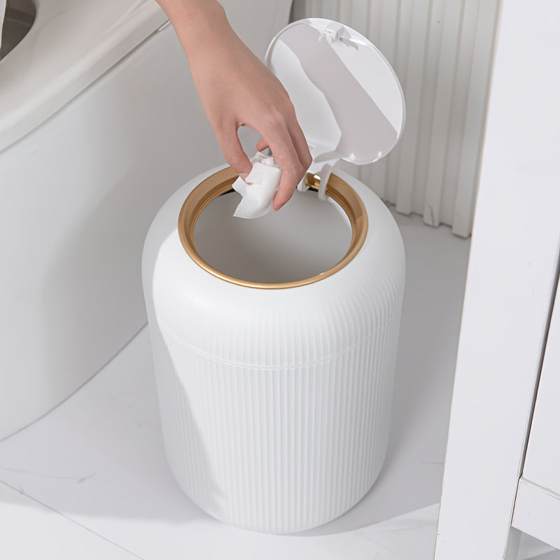 Large Capacity White and Gold Plastic Trash Can with Lid and Round Design