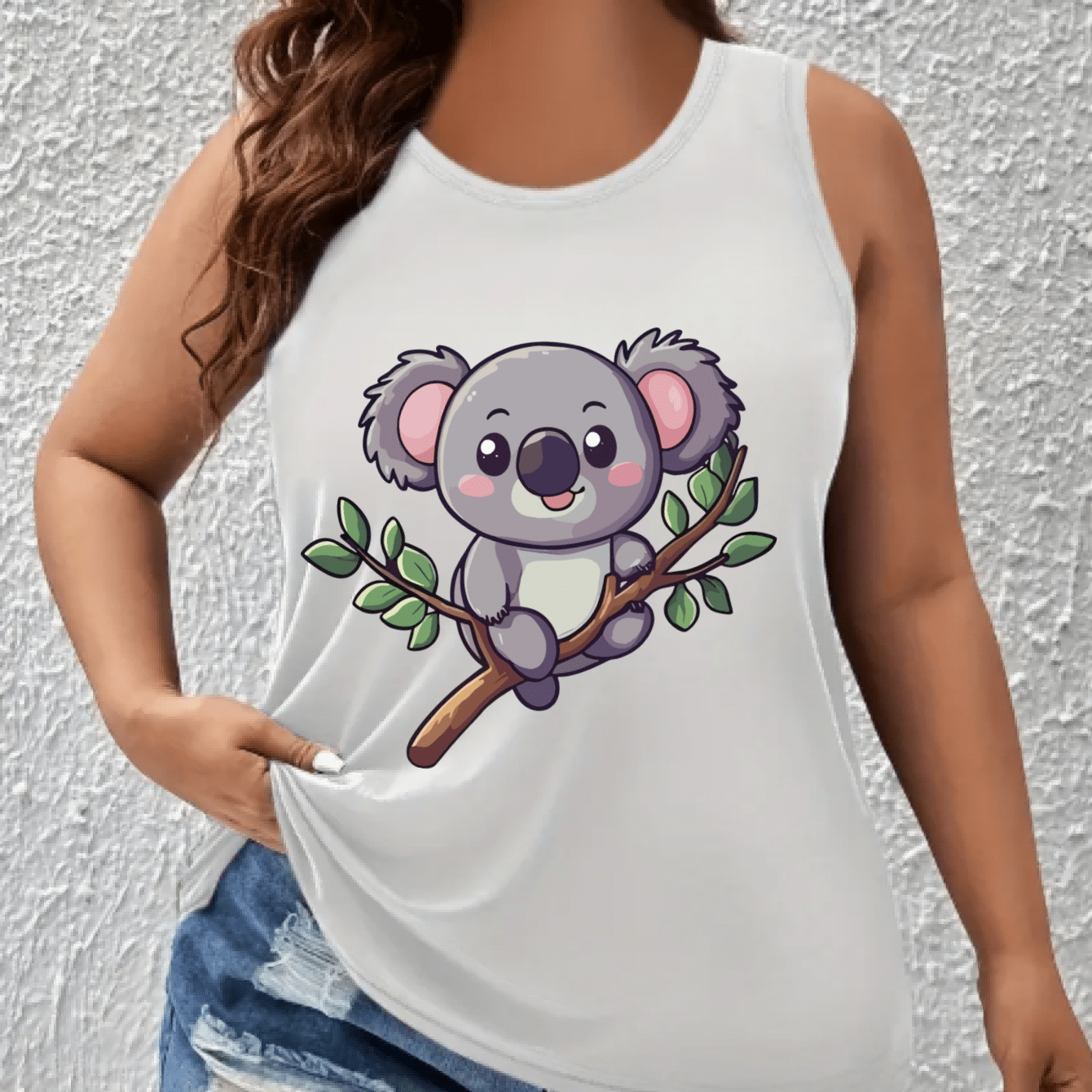 Plus Size Women's Breathable Cotton Tank Top with Cartoon Koala Light Blue