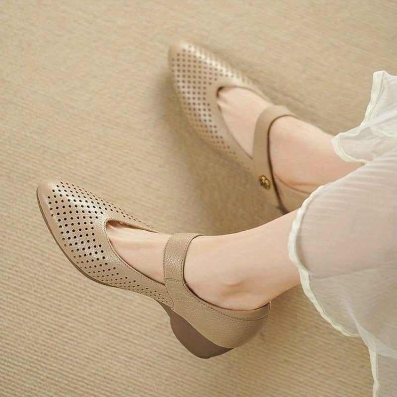 Women's Leather Mary Jane Flats with Ankle Strap and Gold Accents