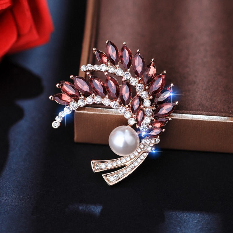 Wheat-Shaped Rhinestone Brooch Pin with Crystal Plant Design for Women and Men