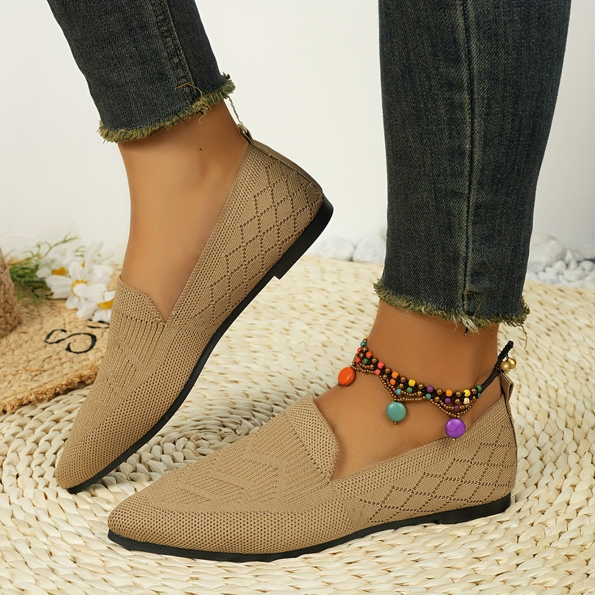 Women's Breathable Slip-On Mary Jane Flats with Fabric Upper and Rubber Sole