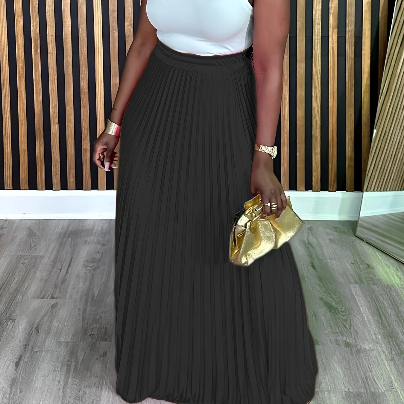 Plus Size Pleated Skirt Elastic Waist Long Skirt For Spring Summer