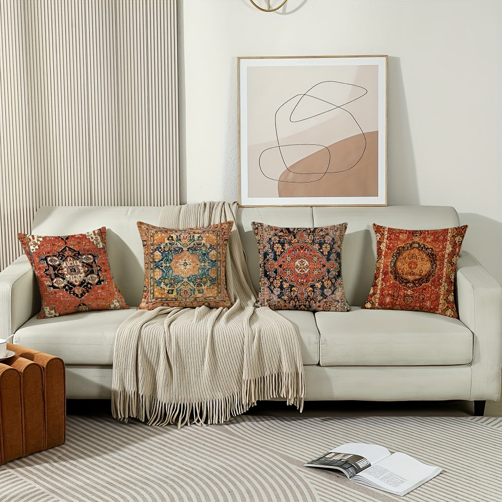 4 Чехла для подушек в стиле бохо, 45.72x45.72 см, оранжево-красный этнический дизайн, квадратные льняные чехлы для уличных диванов и кроватей (без наполнителя)