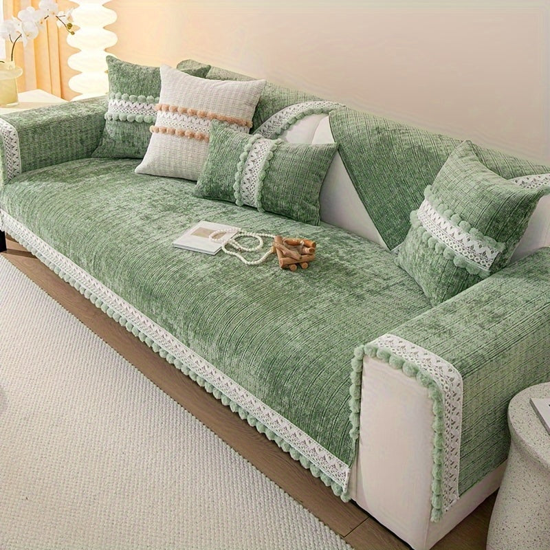 Зеленый чехол для дивана из шенилла с помпонами - водонепроницаемый и дружелюбный к домашним животным, подходит для всех размеров диванов (на 1-4 человека) - легкий в уходе, можно стирать в машине, с кисточками, идеален для любого декора комнаты