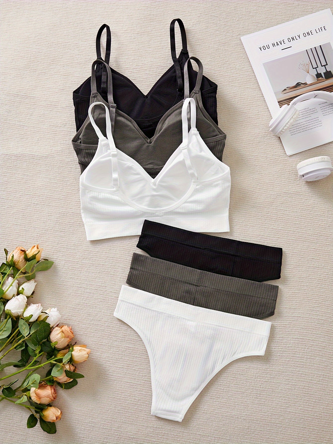 Seamless Lingerie Set for Women 6-Piece Solid Color Mid-Rise Briefs Polyamide Elastane