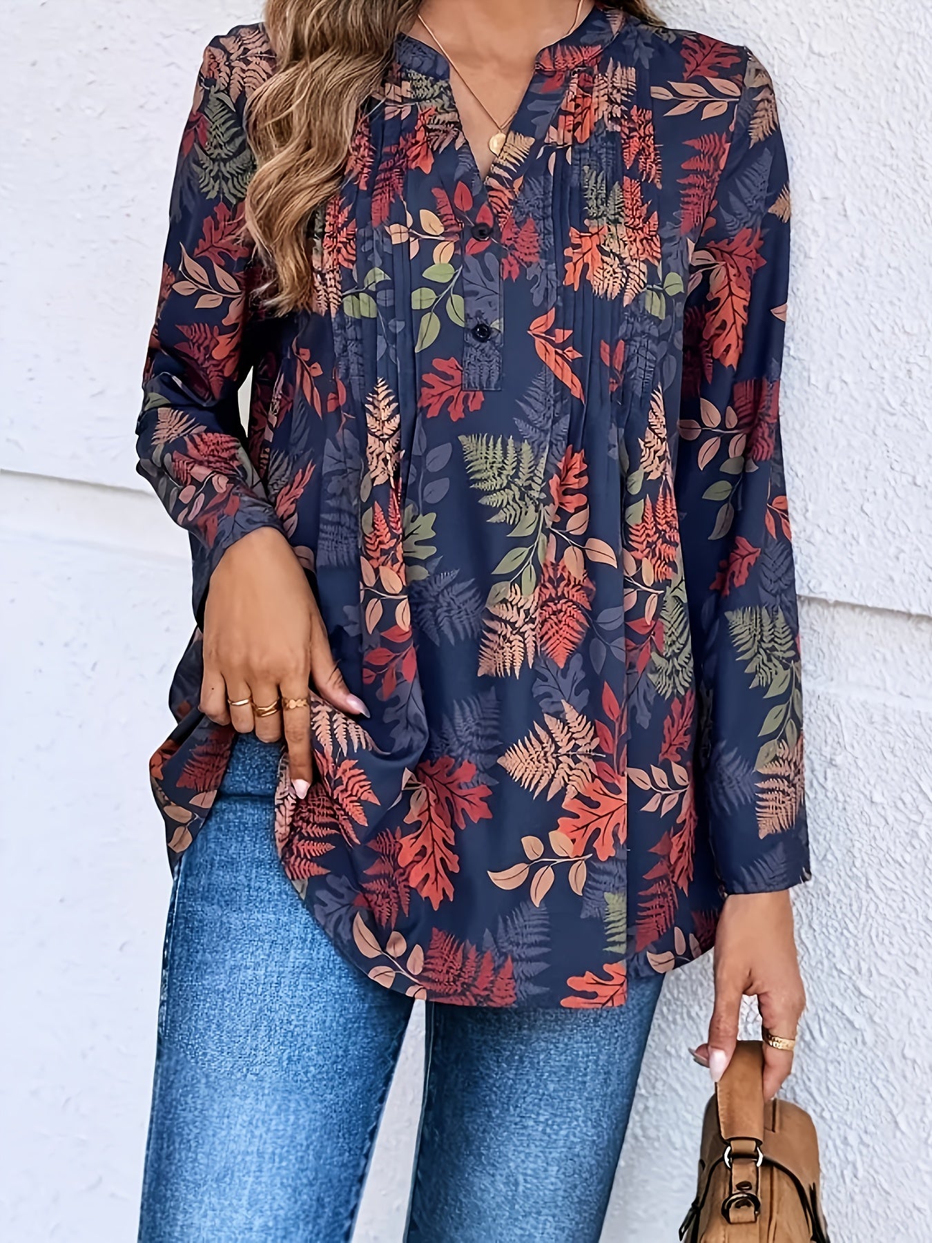 Women’s Polyester V-Neck Long Sleeve Blouse with Ruched Bust All-Season Casual Shirt