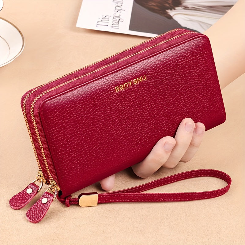 Women's Genuine Leather Wallet with Wristlet Burgundy Large Capacity Double Zip RFID Blocking
