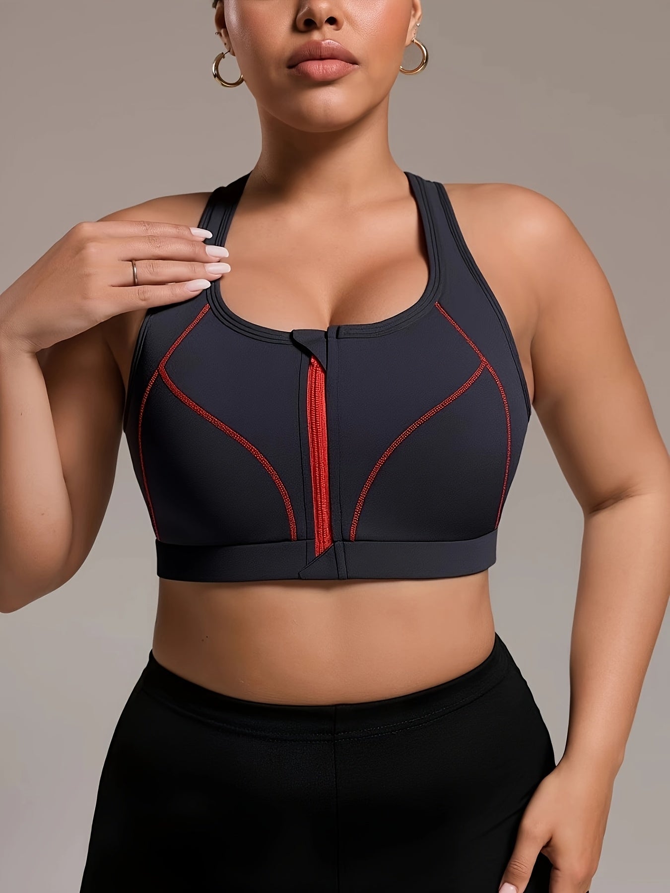 Plus Size Women Sports Bra with Front Zipper High Support Removable Pads