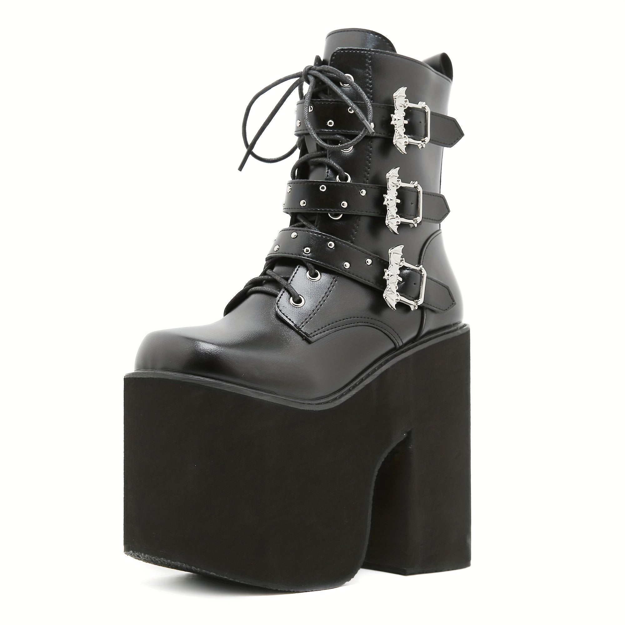 Women's Mid-Calf Platform Boots Punk Style Solid Color Buckle Zipper Lace-Up