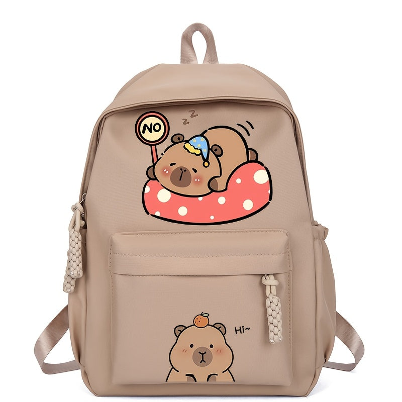 Cute Capybara Pattern Backpack Large Capacity Nylon School Bag with Adjustable Straps