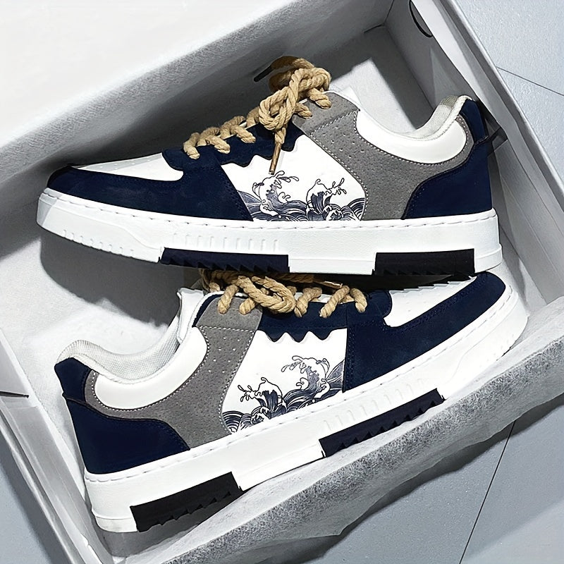 Vintage Streetwear Sneakers with Color Block Waves Pattern Lace-Up Casual Shoes