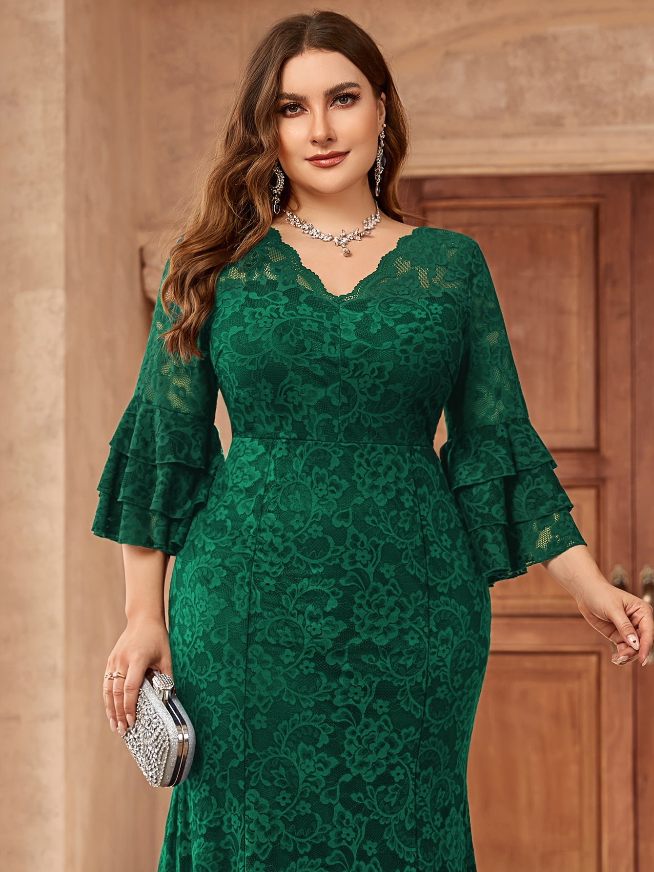 Plus Size Women’s Elegant V-Neck Long Evening Gown with Bell Sleeves