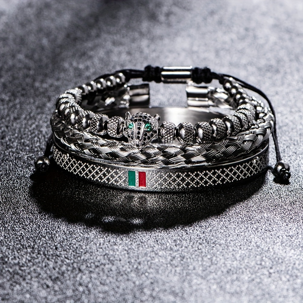 Leopard Head Bracelet Set Handmade Woven Bracelets Red Green Fashion Jewelry