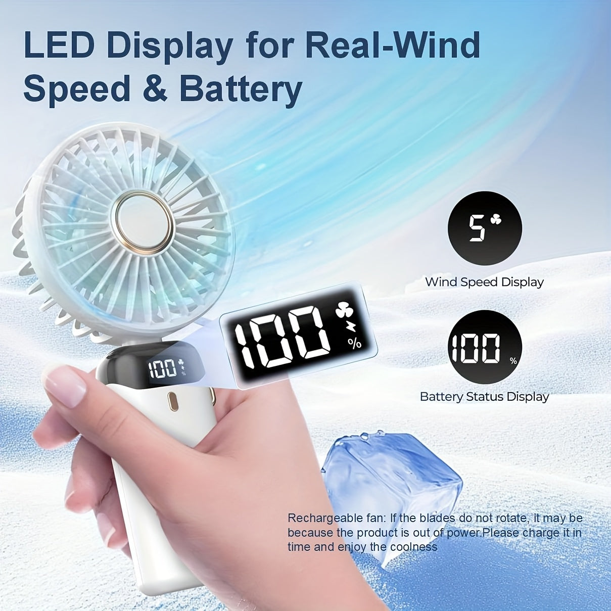 Portable Handheld Fan with Digital Display 5 Speed Adjustable Rechargeable Lithium Battery