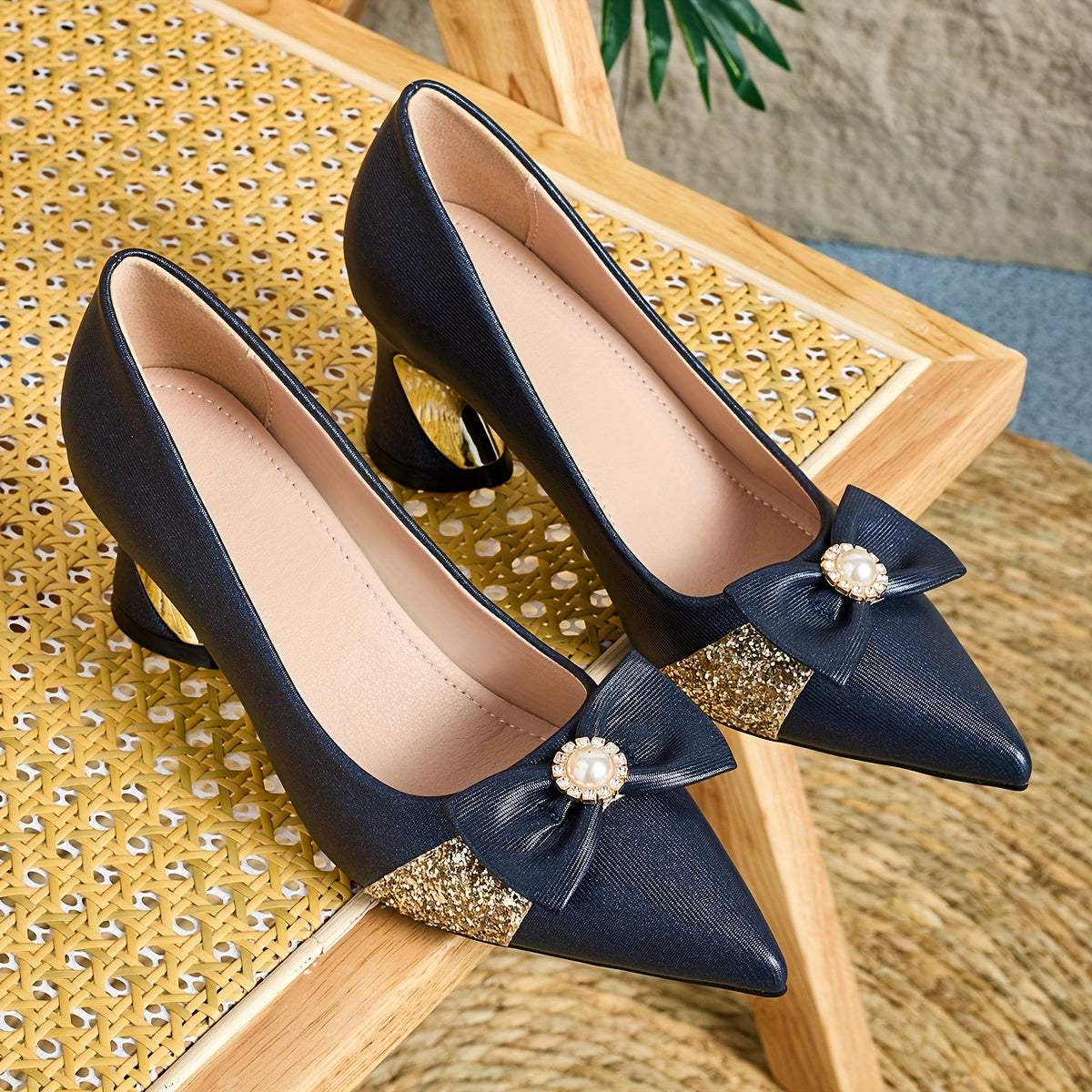 Women Faux Leather Pointed Toe Mules with Pearl Flower Decor High Heel Shoes