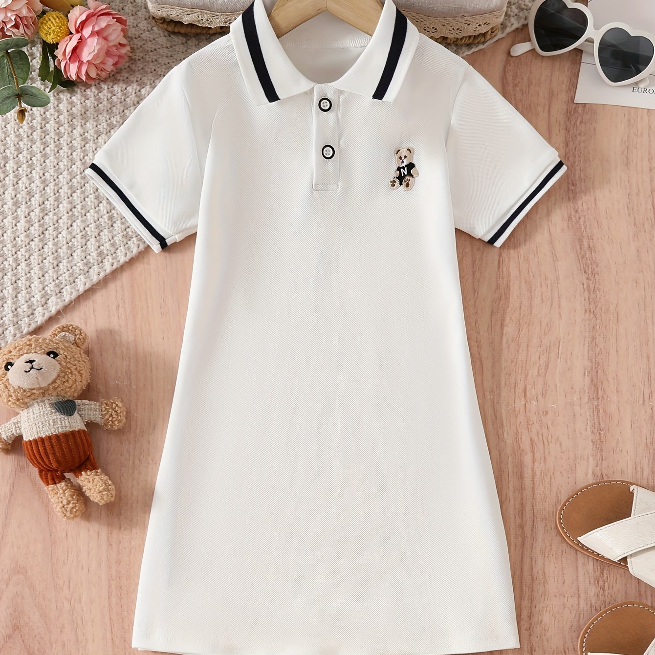 Vestido para niñas con cuello de volante en contraste con oso, manga corta, tela de punto, casual, para volver a clases