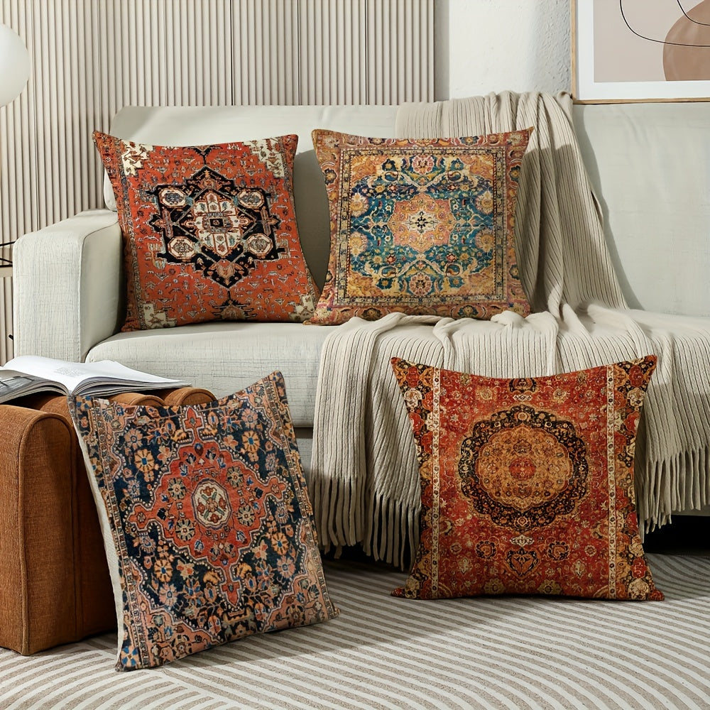 4 Чехла для подушек в стиле бохо, 45.72x45.72 см, оранжево-красный этнический дизайн, квадратные льняные чехлы для уличных диванов и кроватей (без наполнителя)