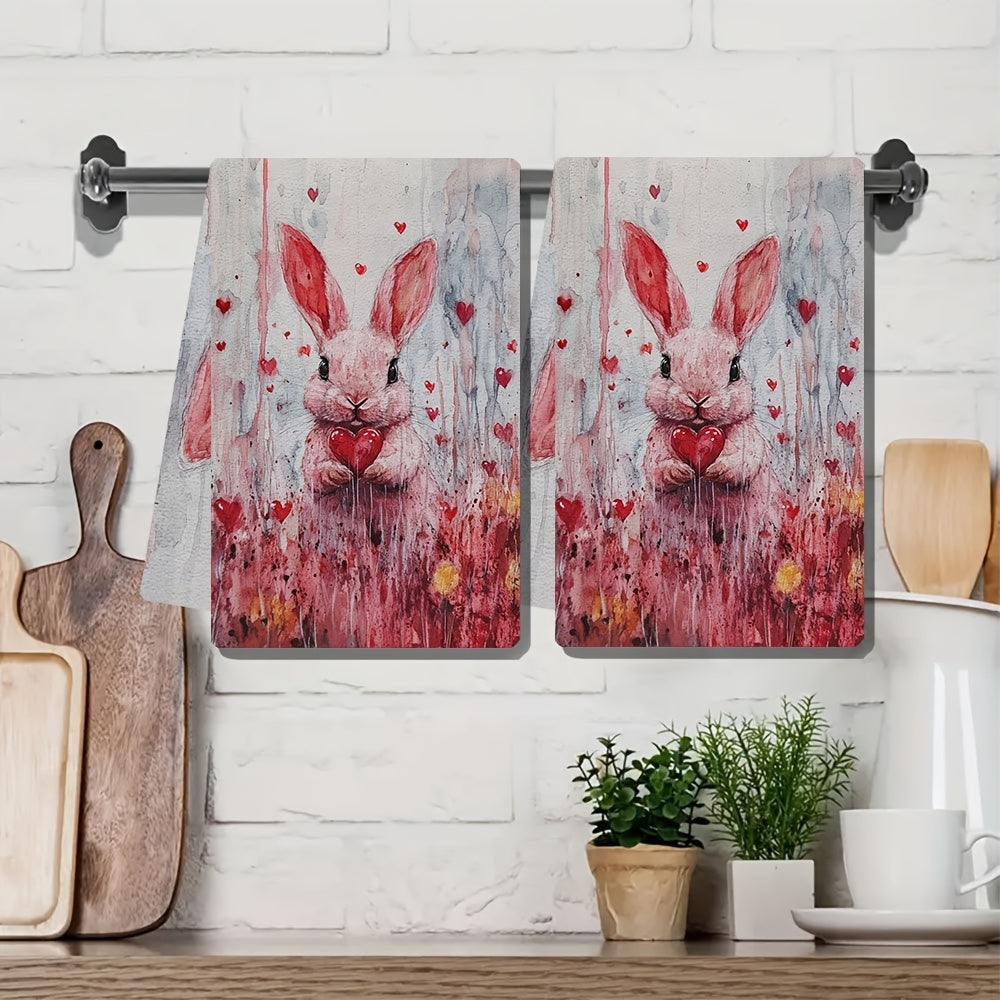 Valentine's Day Bunny Kitchen Towels Set, Coastal Style, Absorbent, 16x24 Inches