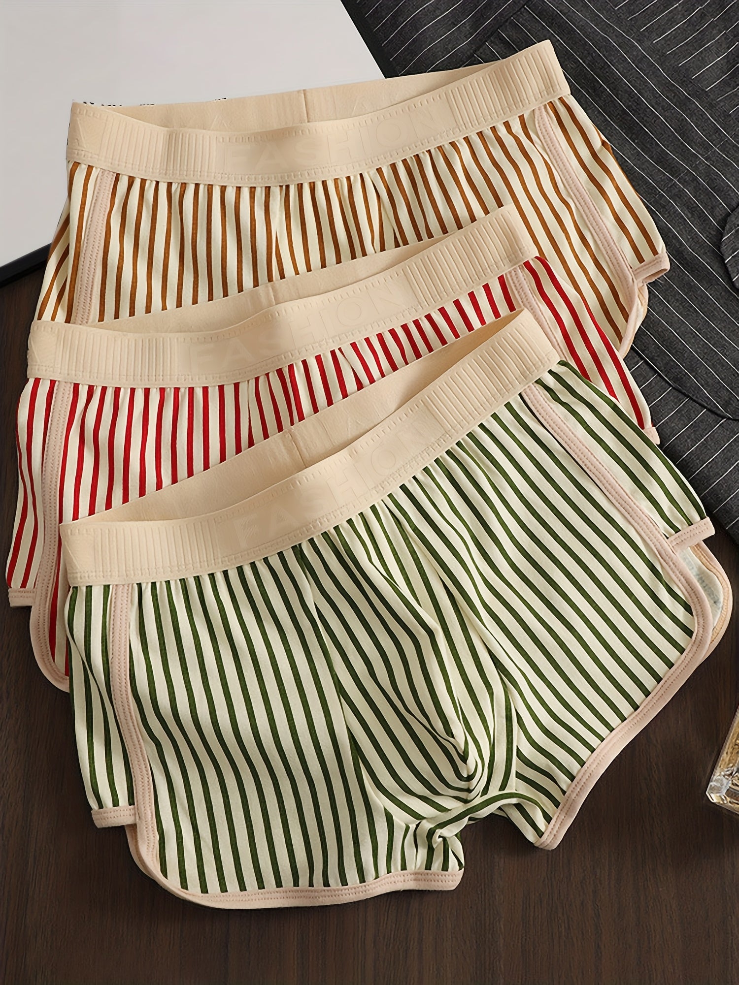 Men's Cotton Spandex Striped Boxer Briefs 3-Pack Breathable Casual Underwear