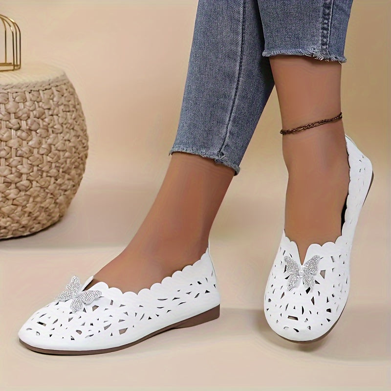 Zapatos planos para mujer para todas las estaciones con detalle de mariposa de diamantes y diseño de puntera redonda con orificio
