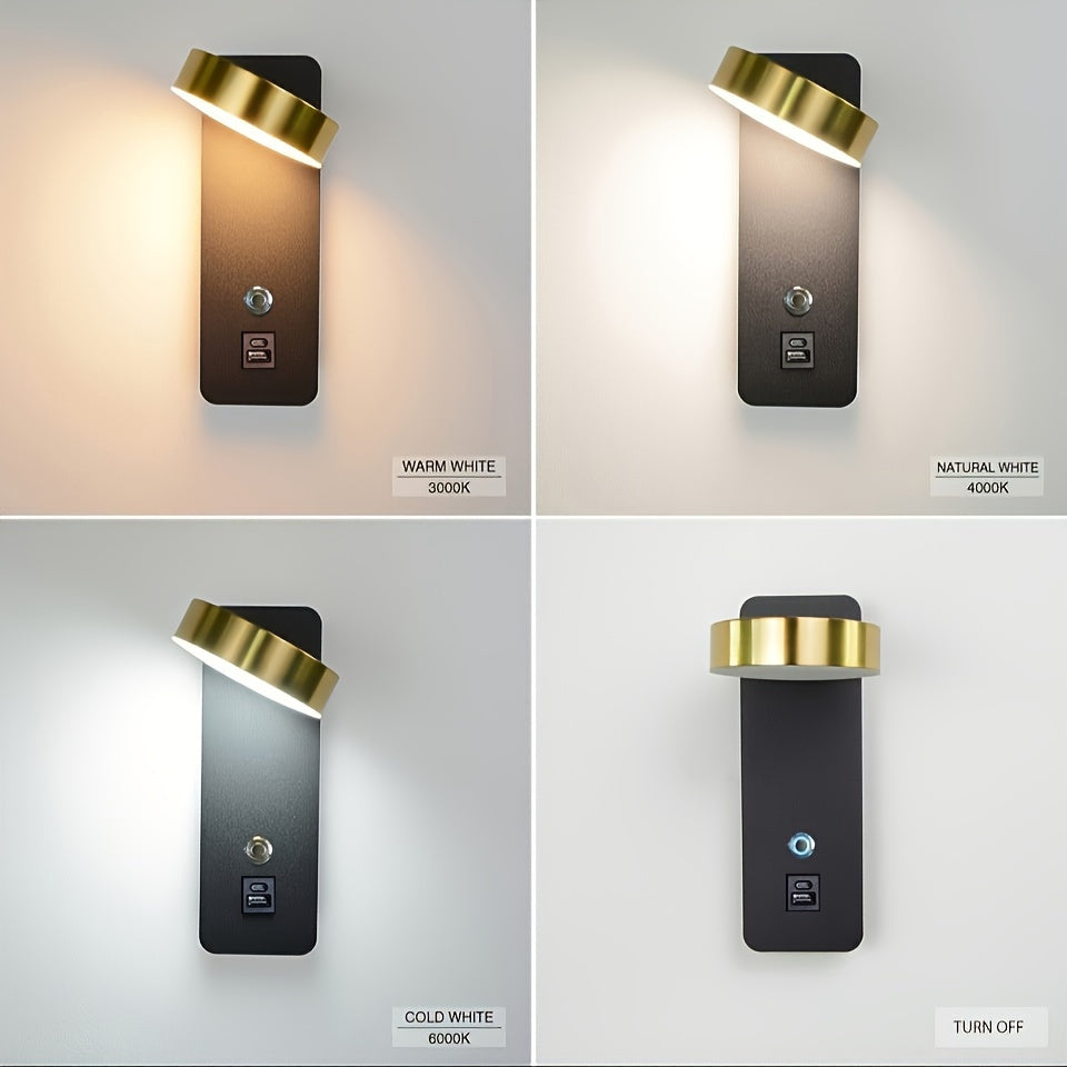 Wall-Mounted LED Reading Lamp with Dimming Switch USB Port 350° Rotatable Touch Control