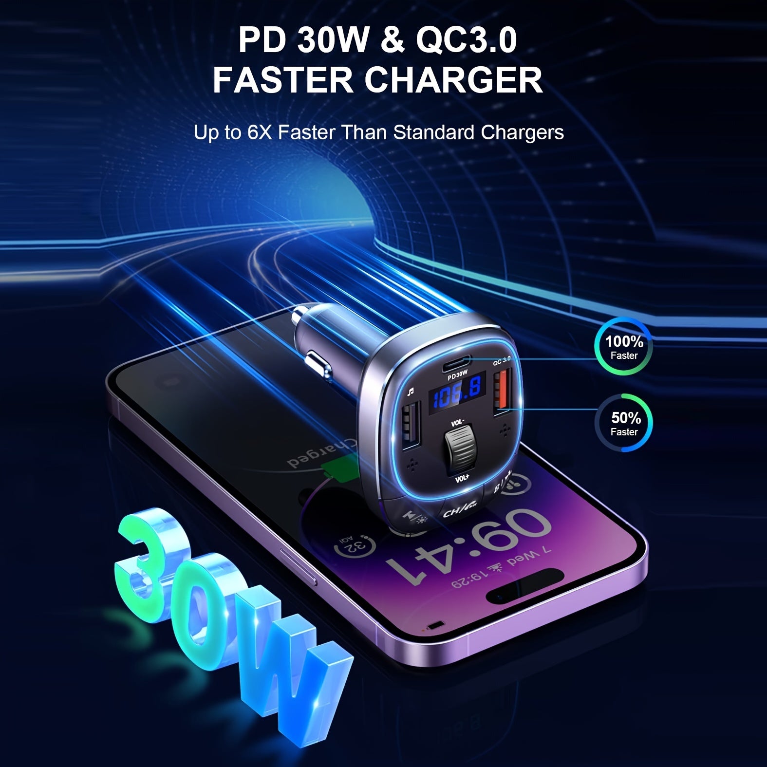 Wireless Car Adapter with Hands-Free Calling RGB Backlit Fast Charging