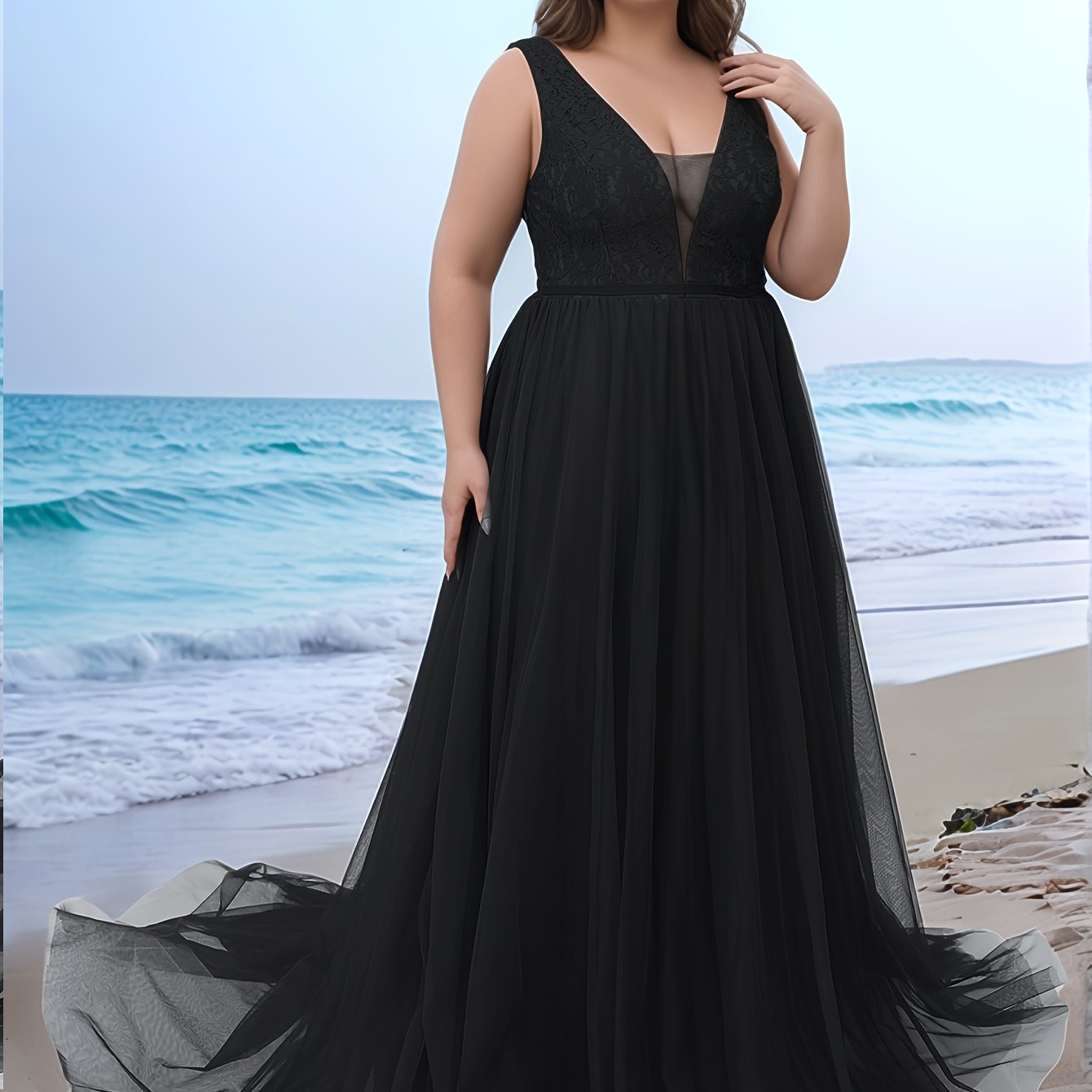 Plus Size Women's Lace Panel V-Neck Wedding Evening Gown Formal Maxi Dress