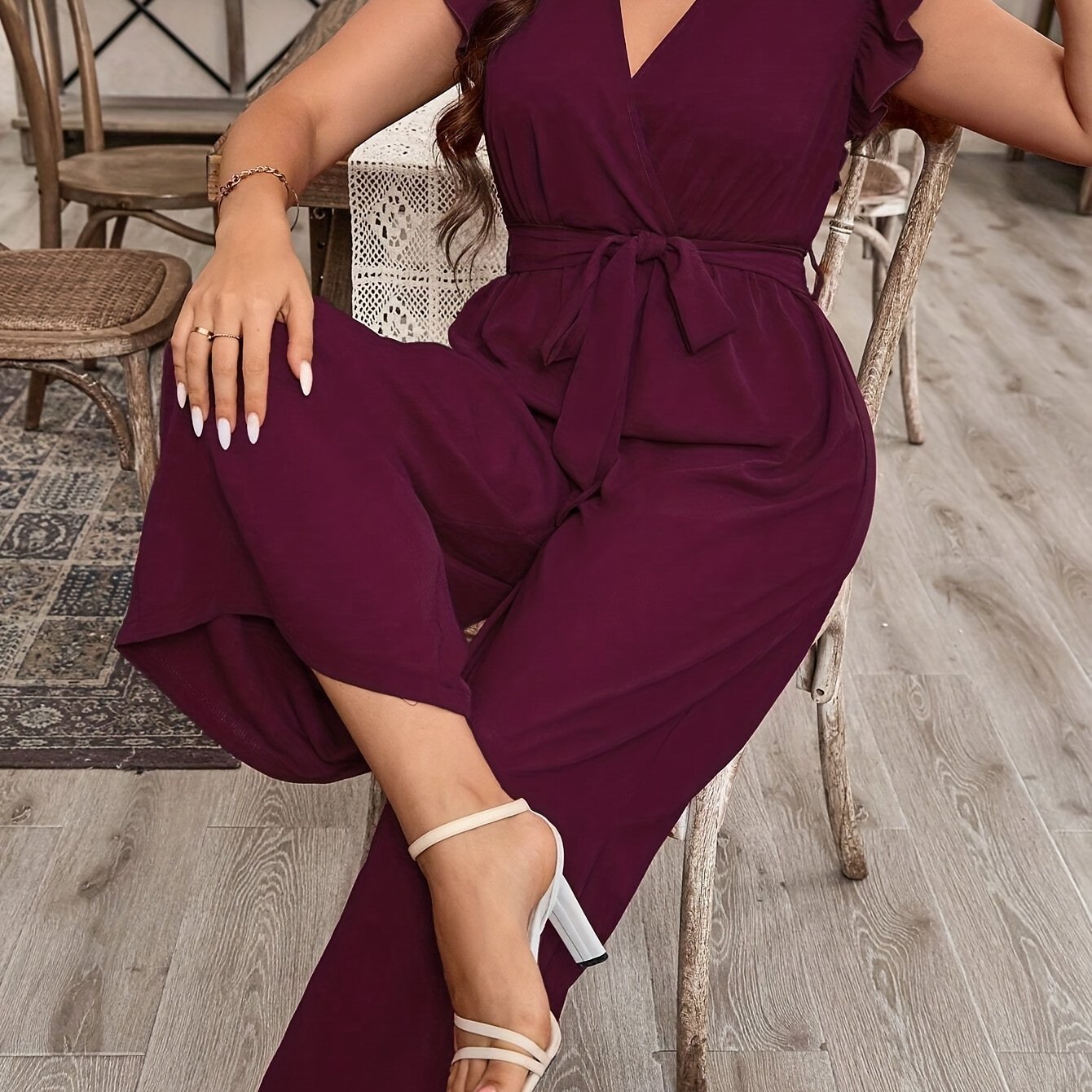 Women's Ruffled Sleeve V-Neck Belted Jumpsuit Solid Color Non-Stretch Fabric