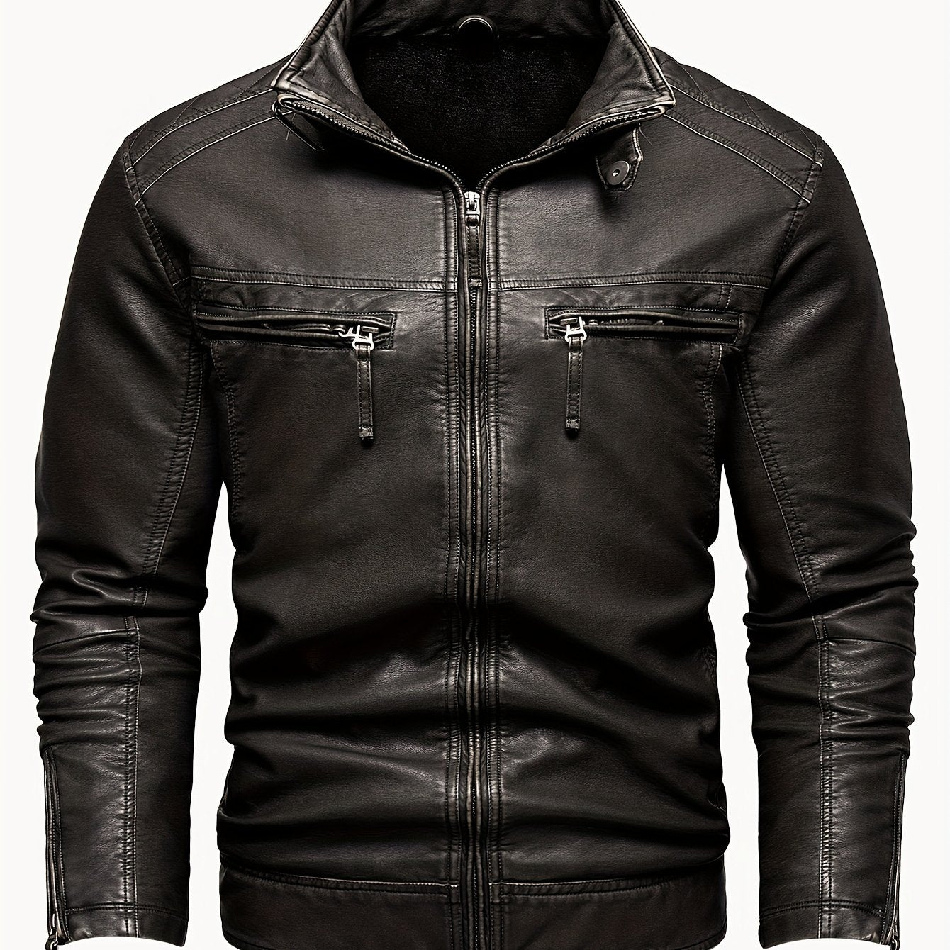 Erkaklar Vintage Qora Mototsikl Kurtkasi: Ko'p cho'ntakli, Turg'un yelka, Zip-Up dizayni, Mustahkam Polyester Aralashmasi, Retro Ko'rinish, PLUS O'lcham.