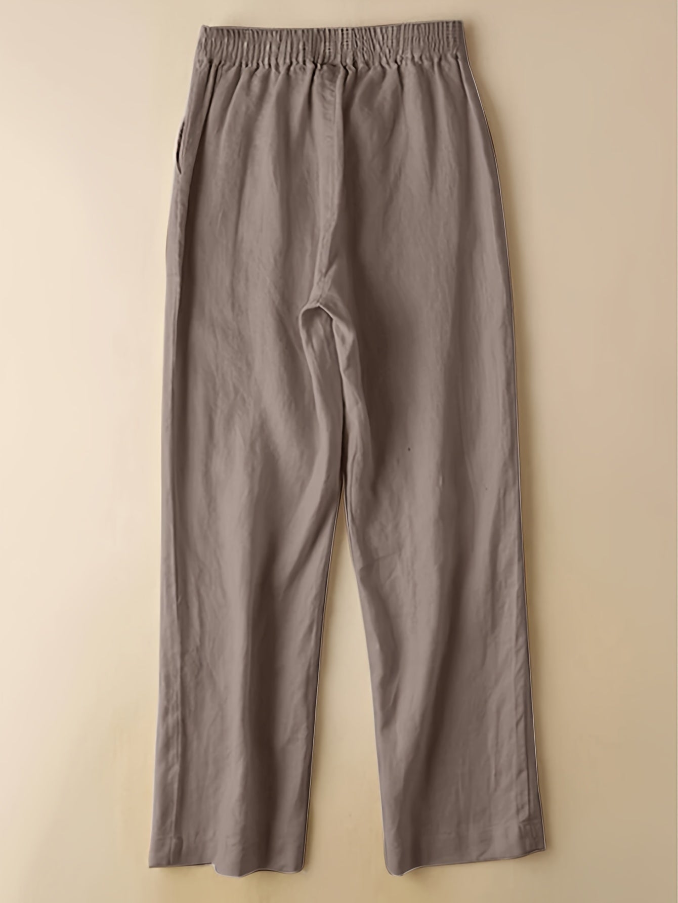 Plus Size Solid Pocket Straight Leg Pants, Casual Drawstring Elastic Waist Women's Clothing