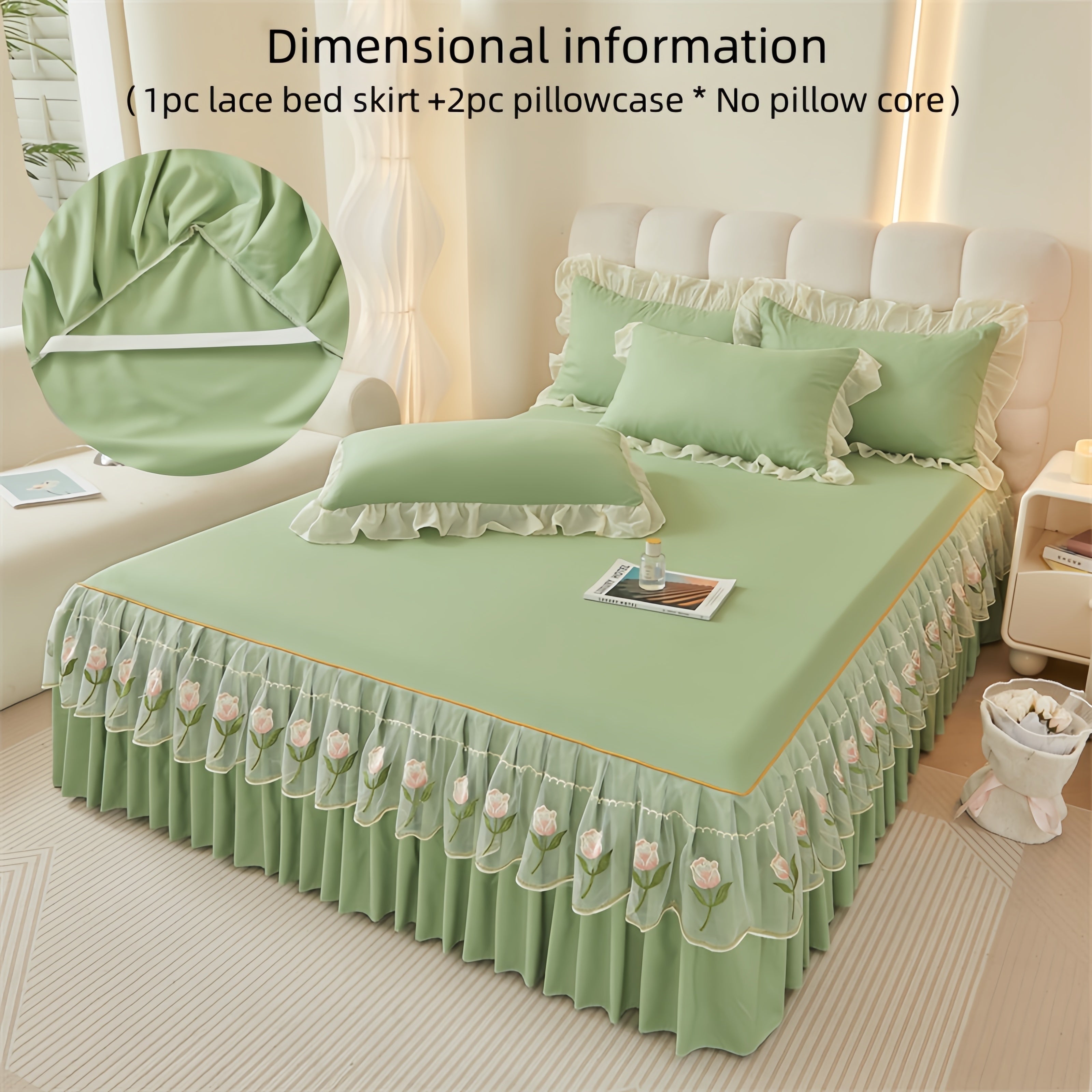 3pcs Embroidered Bed Skirt Set with Rose Lace Ruffles Polyester Includes Lace Bed Skirt and Lotus Leaf Pillowcases for Bedroom Guest Room