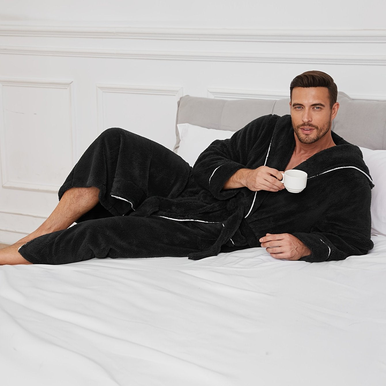 Men's Flannel Fleece Robe with Hood Pockets Belt for Fall Winter Lounge