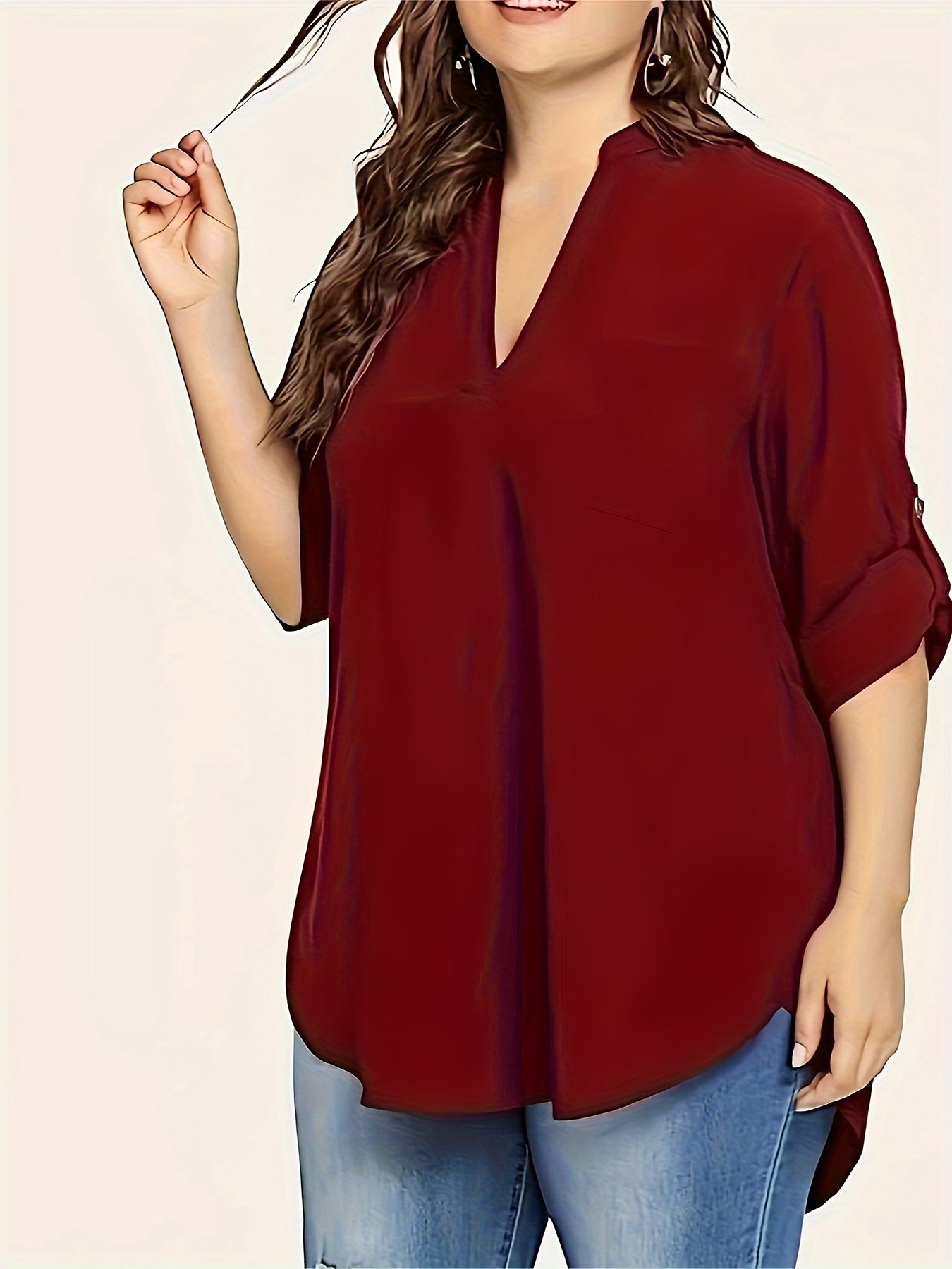 Plus Size V-Neck Long Sleeve Blouse for Spring and Fall Solid Polyester