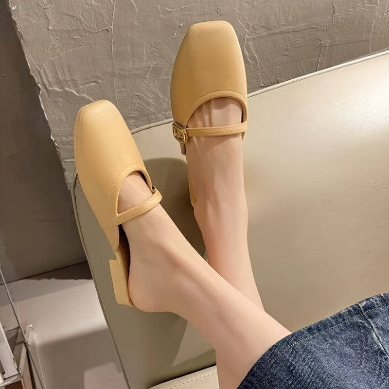 Women Square Toe Mules with Adjustable Strap Soft Sole Slip-On Casual Shoes