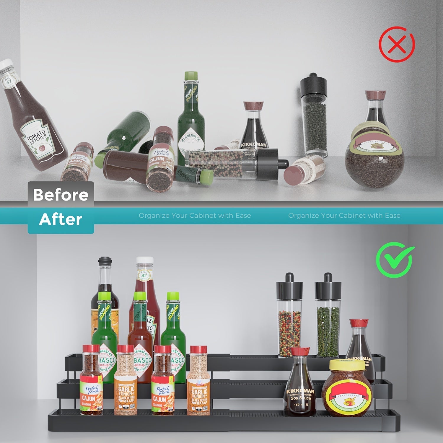 Expandable Spice Storage Organizer with Adjustable Tiers for Kitchen Cabinets and Pantry