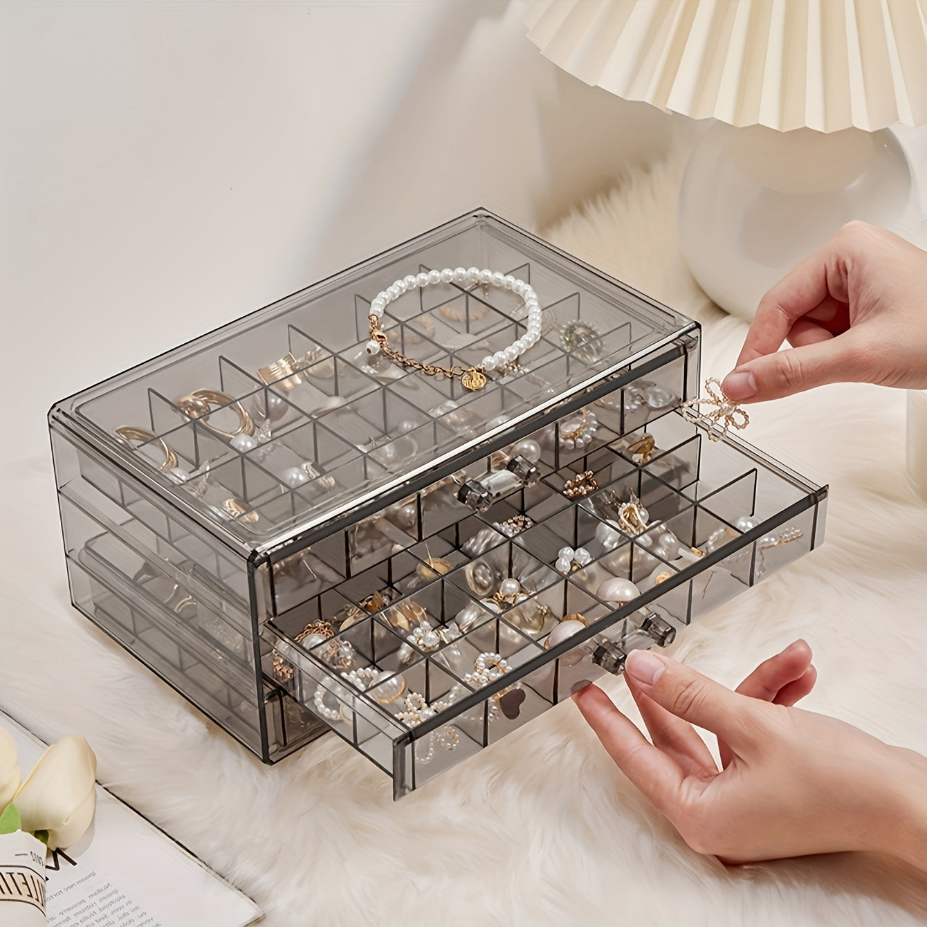 Large Capacity Jewelry Storage Box with 3 Layers and 72 Grids for Earrings and Necklaces