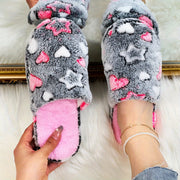 Women's Plush Slip-On Slippers Non-Slip Indoor House Shoes Pink Grey Heart